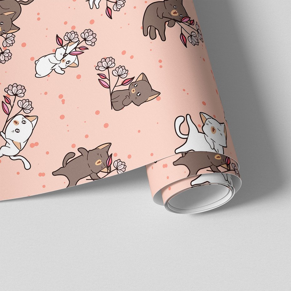 Tapeta - dziecięca, koty, kwiaty,