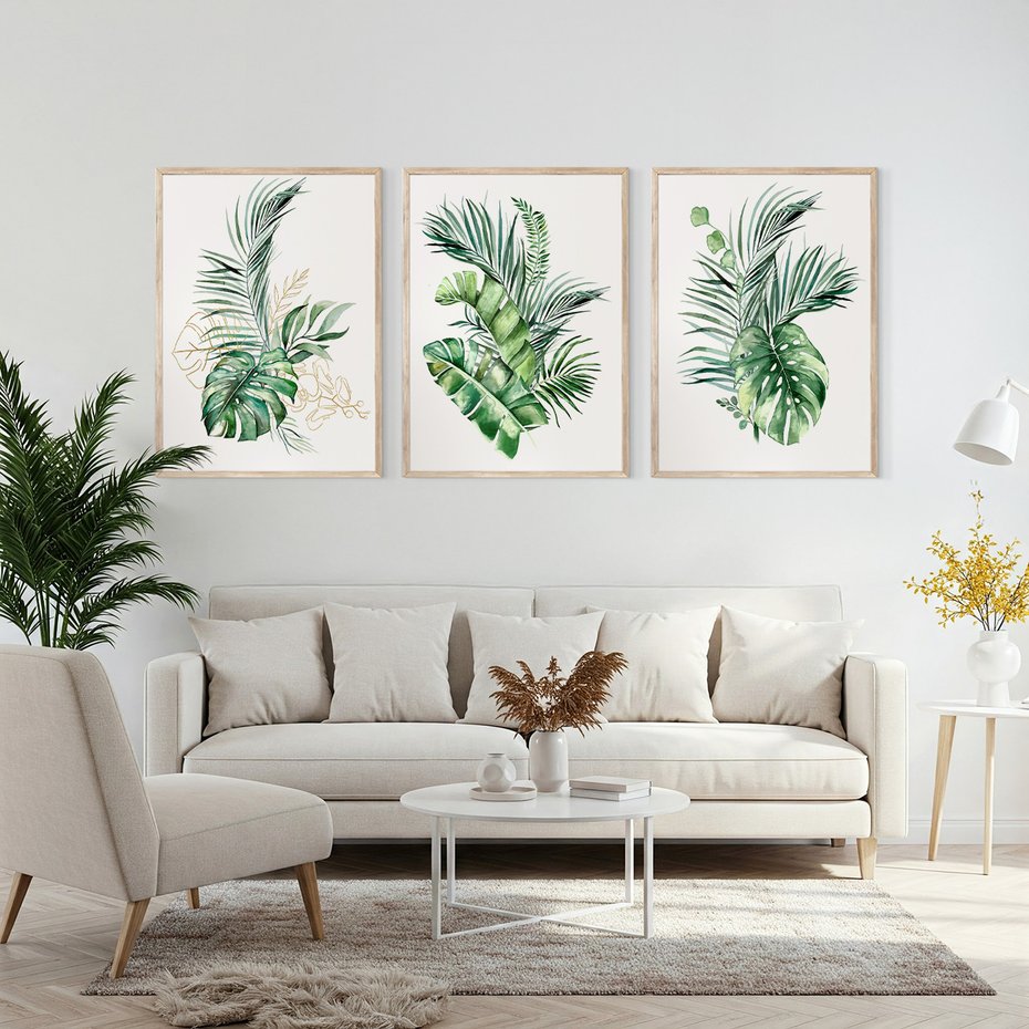 Zestaw obrazy w ramie, plakaty - liście, rośliny, tropikalne - rama drewno