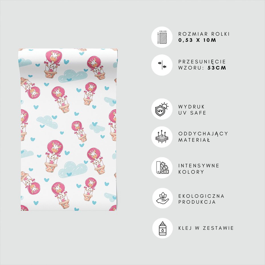 Tapeta - dziecięca, żyrafa, balon, chmura