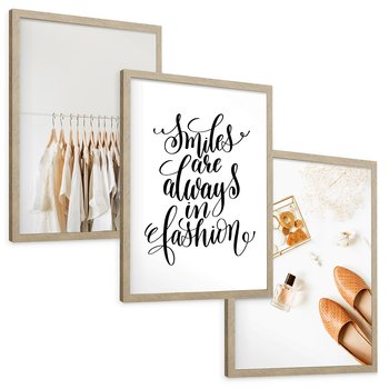 Zestaw obrazy w ramie, plakaty - ubrania, akcesoria, minimalizm - rama drewno
