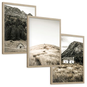 Zestaw obrazy w ramie, plakaty - góry, domy, krajobraz - rama drewno