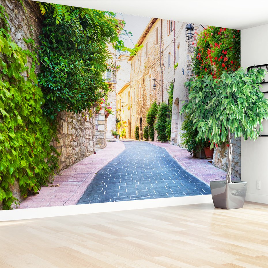 Fototapeta - uliczka, kwiaty, roślinność