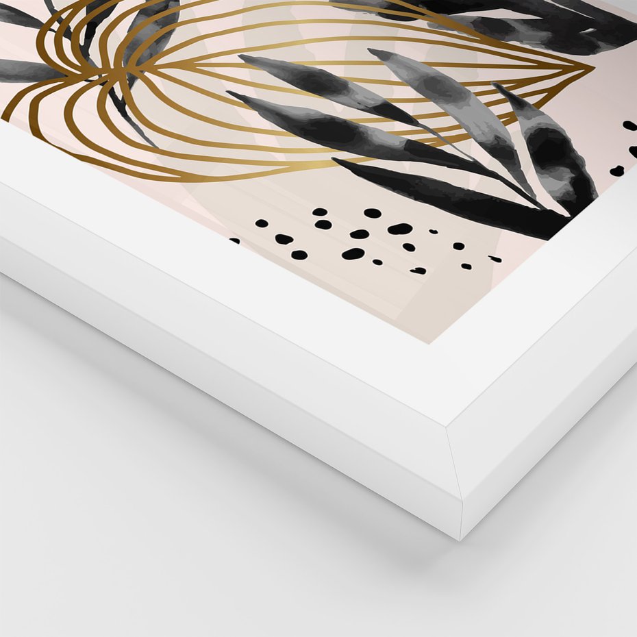 Zestaw obrazy w ramie, plakaty - liście, złoto, abstrakcja - rama biała