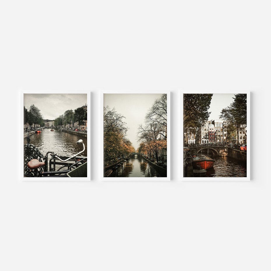 Zestaw obrazy w ramie, plakaty - Amsterdam, kanał, miasto - rama biała