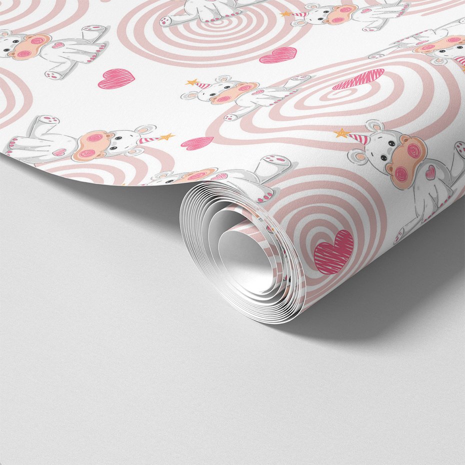 Tapeta - dziecięca, hipopotam, serce, wzór