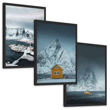 Zestaw obrazy w ramie, plakaty - góry, śnieg, woda - rama czarna