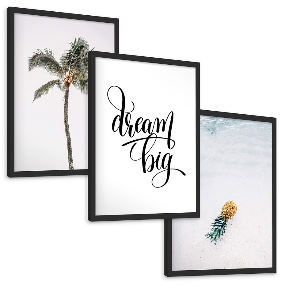 Zestaw obrazy w ramie, plakaty - palma, ananas, tropikalny - rama czarna