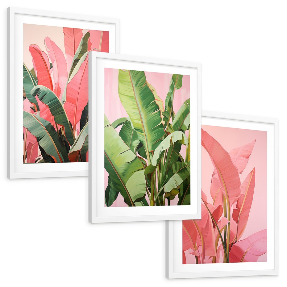 Zestaw obrazy w ramie, plakaty - liście, pastelowy, tropikalny - rama biała
