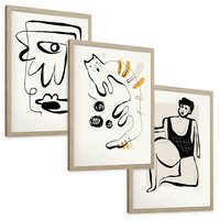 Zestaw obrazy w ramie, plakaty - abstrakcja, rysunek, minimalizm - rama drewno