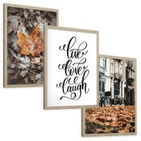 Zestaw obrazy w ramie, plakaty - liście, jesień, napisy - rama drewno