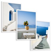 Zestaw obrazy w ramie, plakaty - Grecja, morze, Santorini - rama biała