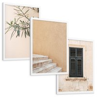 Zestaw obrazy w ramie, plakaty - liście, budynek, okno - rama biała