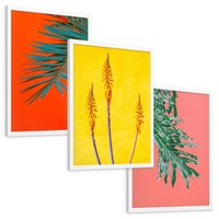 Zestaw obrazy w ramie, plakaty - liście, rośliny, kolory - rama biała