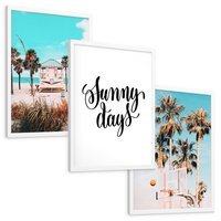 Zestaw obrazy w ramie, plakaty - plaża, palmy, lato - rama biała
