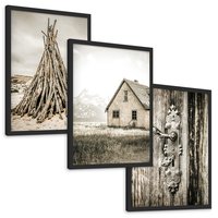 Zestaw obrazy w ramie, plakaty - vintage, dom, drewno - rama czarna
