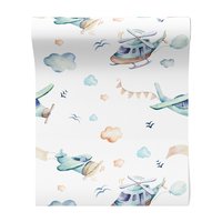 Tapeta - dziecięca, samoloty, helikopter, chmury