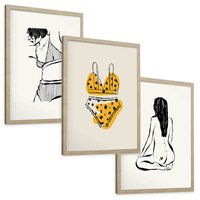 Zestaw obrazy w ramie, plakaty - kobieta, bielizna, ciało - rama drewno