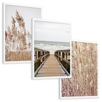 Zestaw obrazy w ramie, plakaty - trzcina, plaża, morze - rama biała