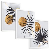 Zestaw obrazy w ramie, plakaty - liście, abstrakcja, złoto - rama biała