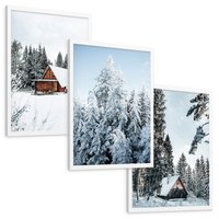 Zestaw obrazy w ramie, plakaty - zima, śnieg, drzewa - rama biała