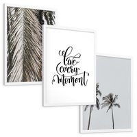 Zestaw obrazy w ramie, plakaty - liście, palmy, napisy - rama biała