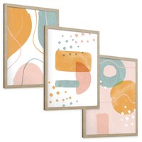 Zestaw obrazy w ramie, plakaty - abstrakcja, pastelowe, kształty - rama drewno