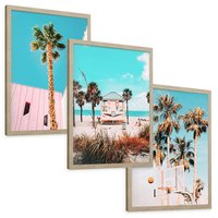 Zestaw obrazy w ramie, plakaty - palmy, plaża, tropiki - rama drewno