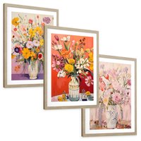 Zestaw obrazy w ramie, plakaty - kwiaty, wazon, bukiet - rama drewno