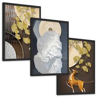 Zestaw obrazy w ramie, plakaty - złoty, liście, abstrakcja - rama czarna