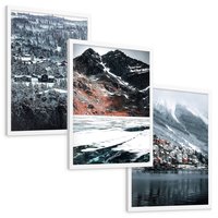 Zestaw obrazy w ramie, plakaty - śnieg, góry, zima - rama biała