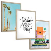 Zestaw obrazy w ramie, plakaty - palmy, plaża, tropikalny - rama drewno