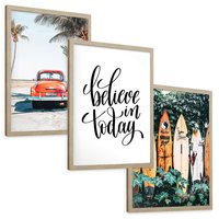Zestaw obrazy w ramie, plakaty - palmy, samochód, deski surfingowe - rama drewno