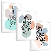 Zestaw obrazy w ramie, plakaty - liście, gałązki, abstrakcja - rama biała