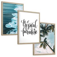 Zestaw obrazy w ramie, plakaty - tropikalny, morze, palmy - rama drewno