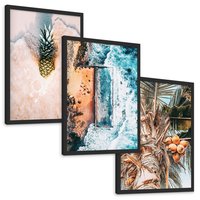 Zestaw obrazy w ramie, plakaty - ananas, plaża, kokosy - rama czarna