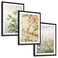 Zestaw obrazy w ramie, plakaty - kwiaty, rośliny, pastelowe - rama czarna