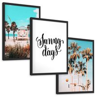 Zestaw obrazy w ramie, plakaty - plaża, palmy, lato - rama czarna