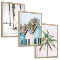 Zestaw obrazy w ramie, plakaty - palmy, plaża, domki - rama drewno
