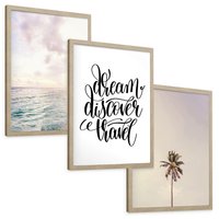 Zestaw obrazy w ramie, plakaty - plaża,palma,napis - rama drewno