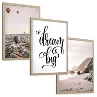 Zestaw obrazy w ramie, plakaty - balony, plaża, skały - rama drewno