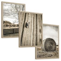 Zestaw obrazy w ramie, plakaty - wieś, pole, siano, - rama drewno