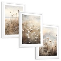 Zestaw obrazy w ramie, plakaty - kwiaty, trawa, delikatne - rama biała