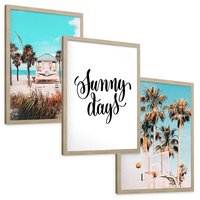 Zestaw obrazy w ramie, plakaty - plaża, palmy, lato - rama drewno
