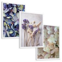 Zestaw obrazy w ramie, plakaty - kwiaty, hortensje, suszone kwiaty - rama biała