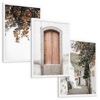 Zestaw obrazy w ramie, plakaty - drzwi, kwiaty, budynki - rama biała
