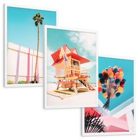 Zestaw obrazy w ramie, plakaty - plaża,palma,budynek - rama biała