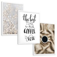 Zestaw obrazy w ramie, plakaty - kwiaty,kawa,tekst - rama biała