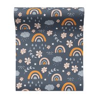 Tapeta - dziecięca, chmura, tęcza, kwiaty