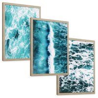 Zestaw obrazy w ramie, plakaty - woda, fale, turkusowy - rama drewno