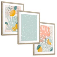 Zestaw obrazy w ramie, plakaty - liście, cytryny, abstrakcja - rama drewno